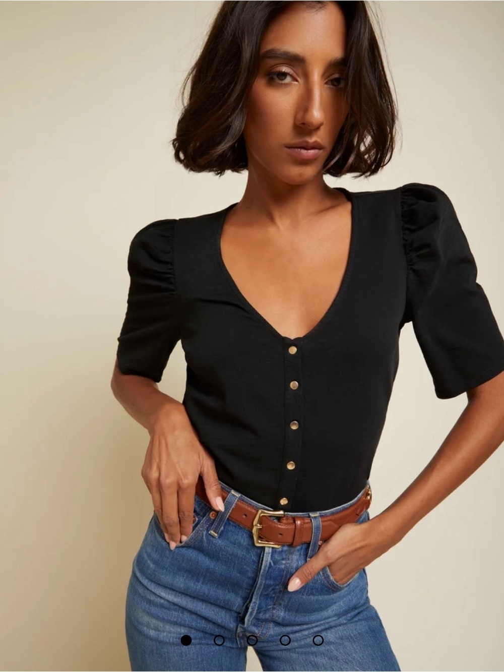 Nation LTD Jet Black Cotton Puff Sleeve Gold Button Down Peyton Blouse Small